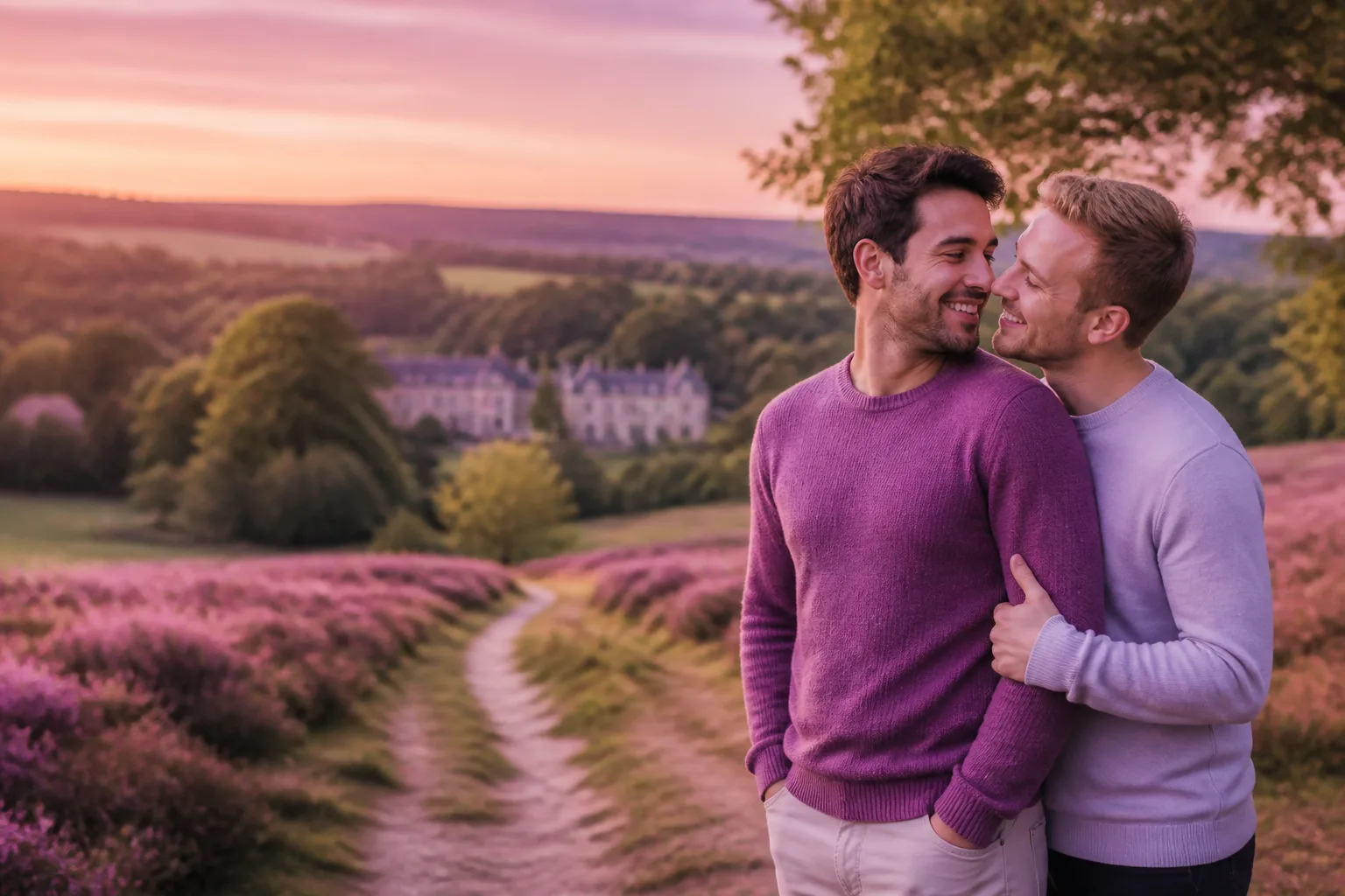 Two men enjoying a relaxed outdoor date in the Surrey countryside