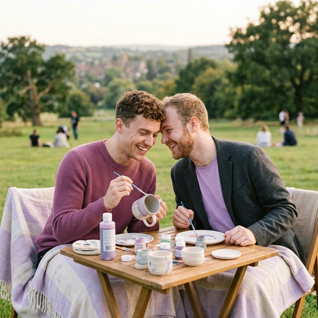 A same-sex couple walking through green open space near Epsom