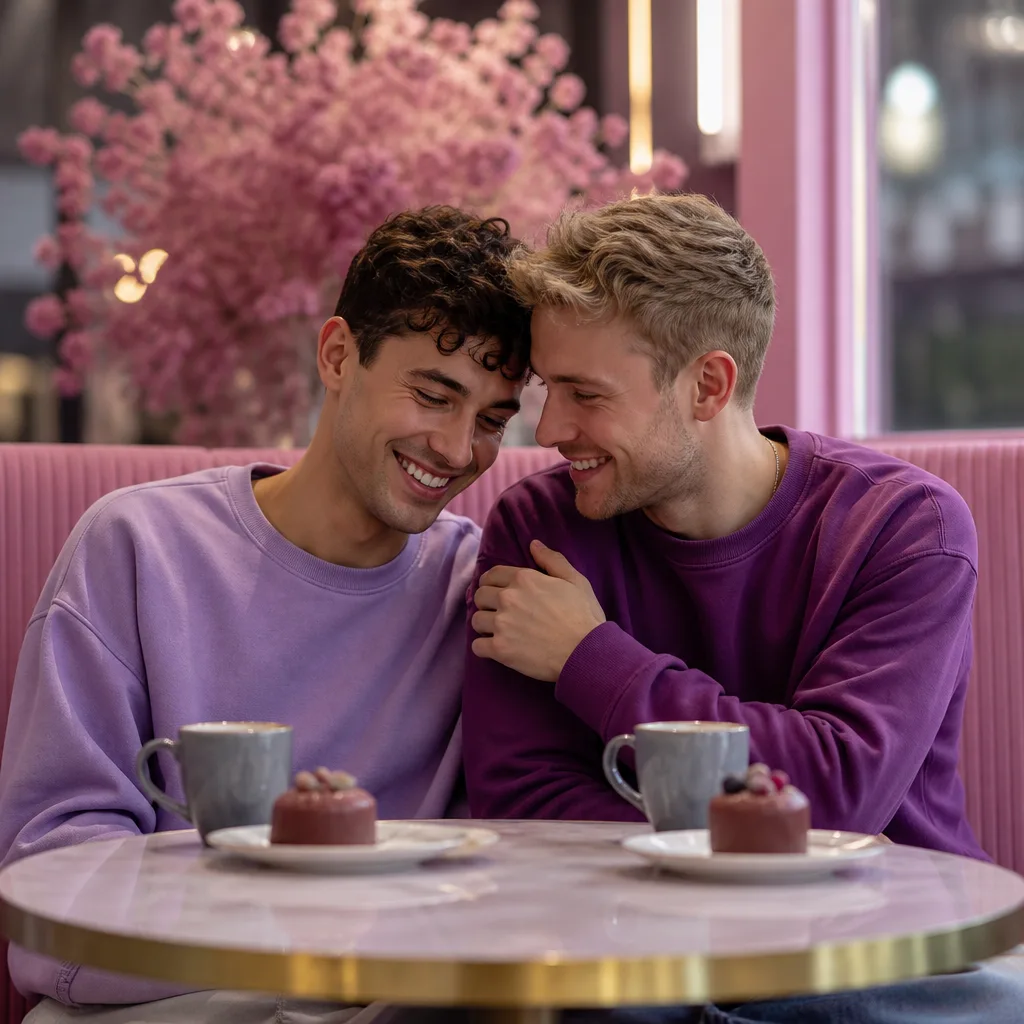 Two gay men talking over coffee during a casual first date in Epsom