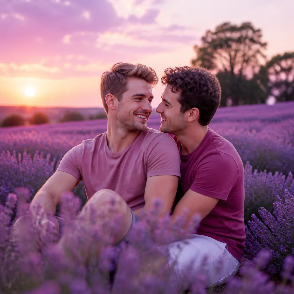 Two gay men walking together through a leafy Surrey park
